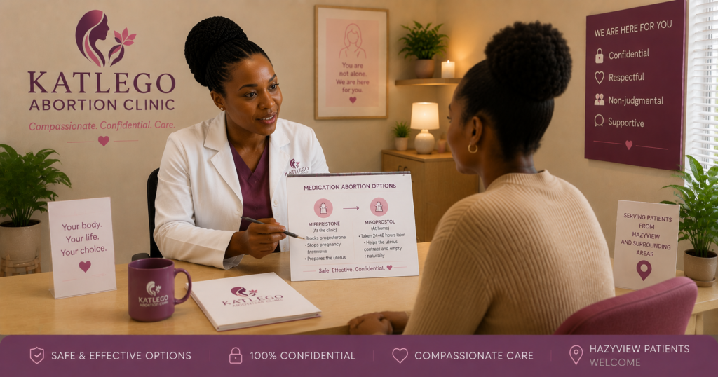 Doctor discussing medication abortion options with patient at Katlego Abortion Clinic for Hazyview patient