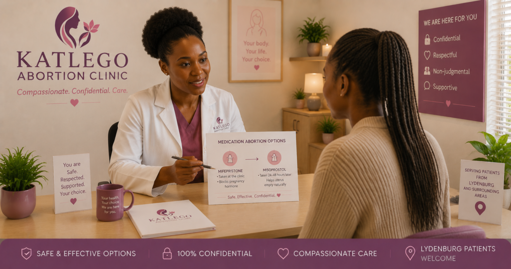 Doctor discussing medication abortion options with patient at Katlego Abortion Clinic for Lydenburg patients