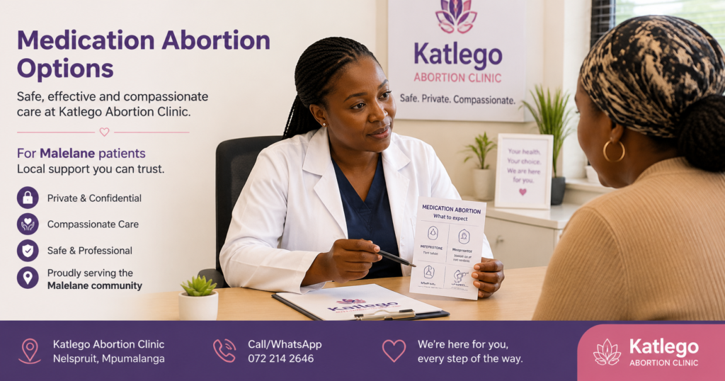 Doctor discussing medication abortion options with patient at Katlego Abortion Clinic for Malelane patients