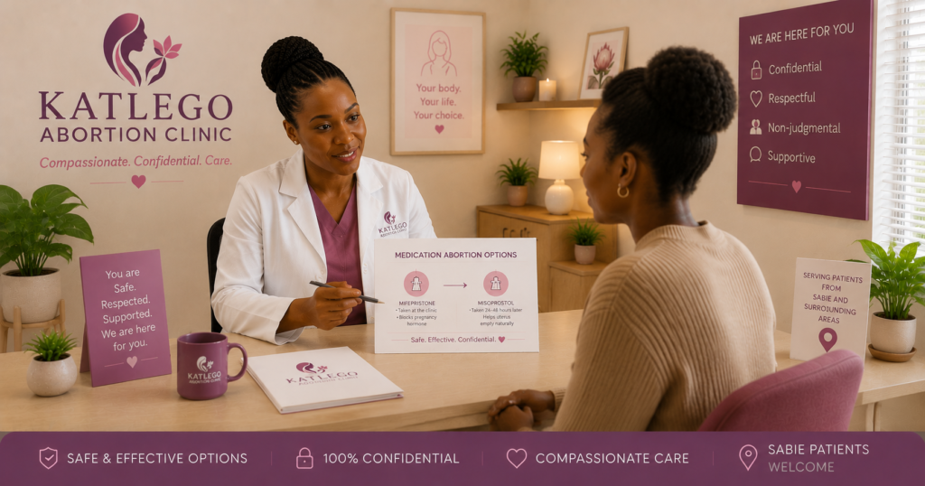 Doctor discussing medication abortion options with patient at Katlego Abortion Clinic for Middelburg patients"]