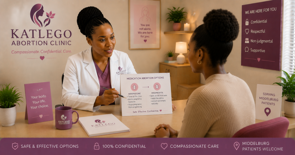 Doctor discussing medication abortion options with patient at Katlego Abortion Clinic for Middelburg patients