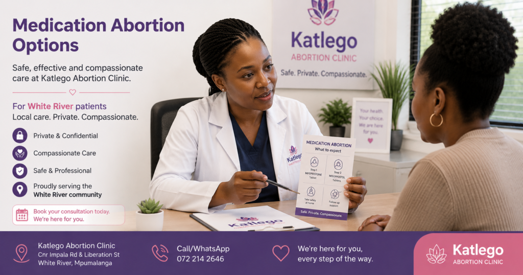 Doctor discussing medication abortion options with patient at Katlego Abortion Clinic for White River patients