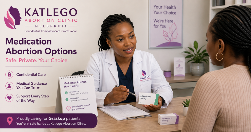 octor discussing medication abortion options with patient at Katlego Abortion Clinic for Graskop patients