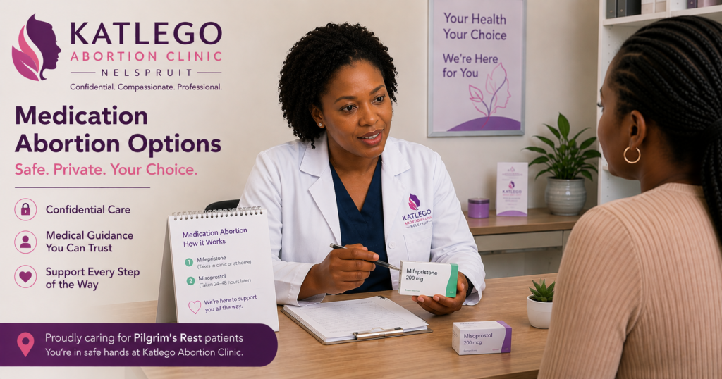 Doctor discussing medication abortion options with patient at Katlego Abortion Clinic for Pilgrim's Rest patients